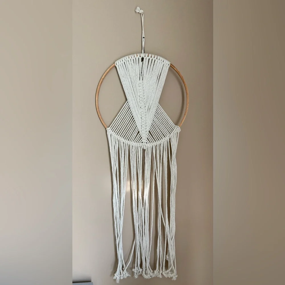 Boho Macramé Wall Hanging in Cream with Wooden Hoop Decor Macrame